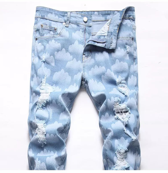 Sky Blue Cloud Printed Jeans