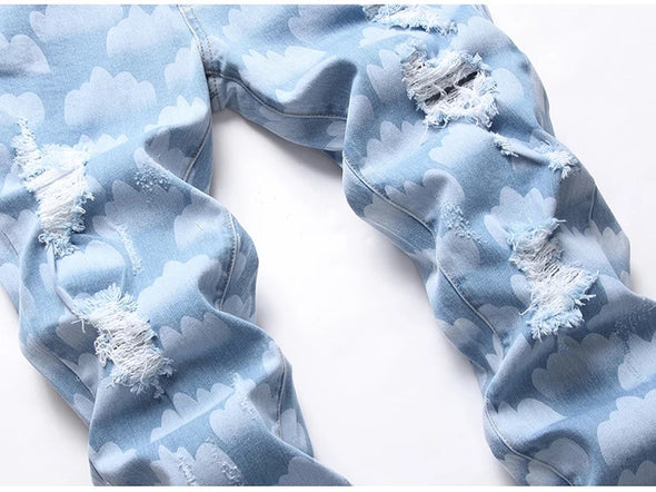 Sky Blue Cloud Printed Jeans