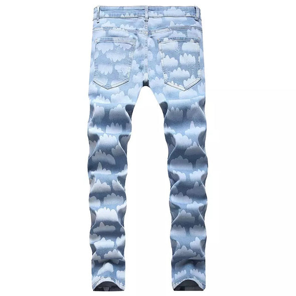 Sky Blue Cloud Printed Jeans