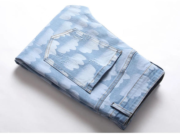 Sky Blue Cloud Printed Jeans