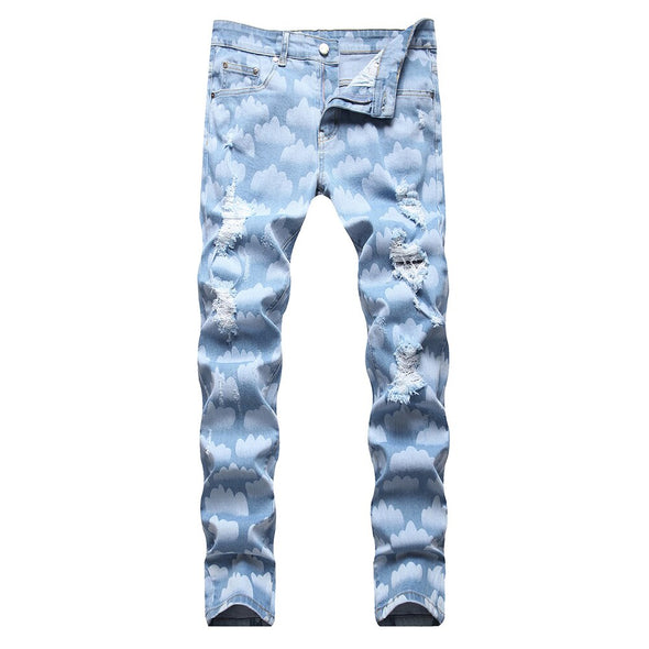 Sky Blue Cloud Printed Jeans